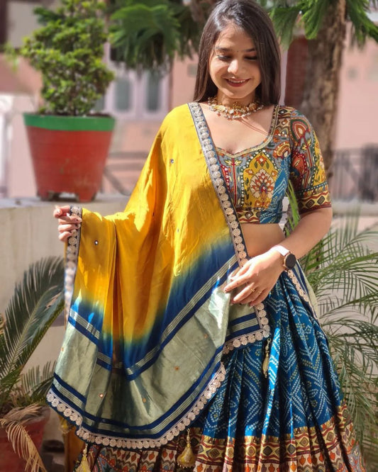 Designer Butter Silk Lehenga Choli Set Navy Multi | Digital Print, Real Mirror Work (Copy)
