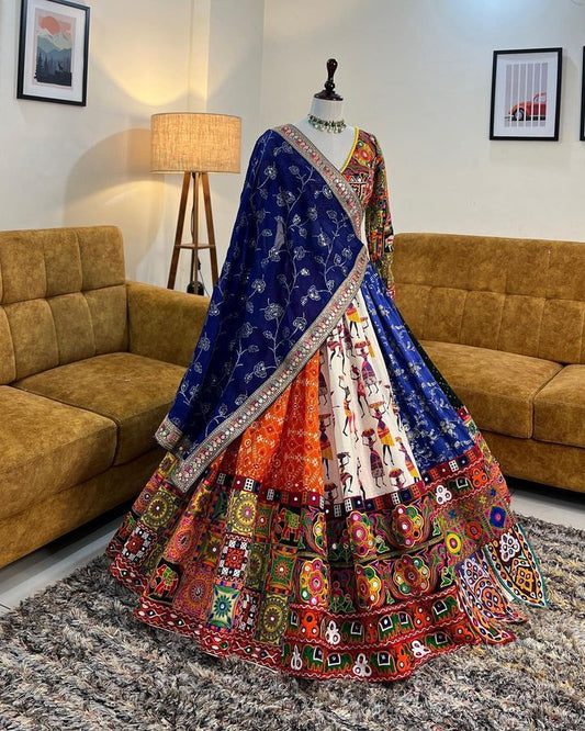 Designer Butter Silk Lehenga Choli Set Navy Multi | Digital Print, Real Mirror Work