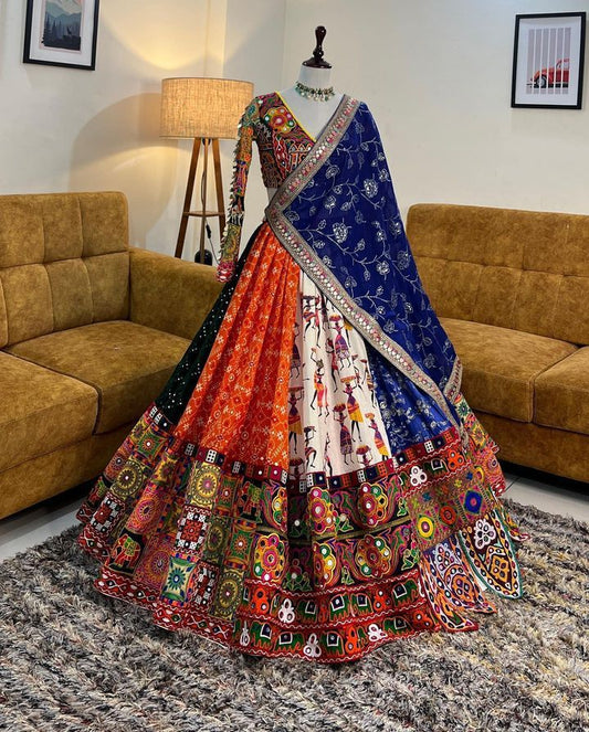 Designer Butter Silk Lehenga Choli Set Navy Multi | Digital Print, Real Mirror Work