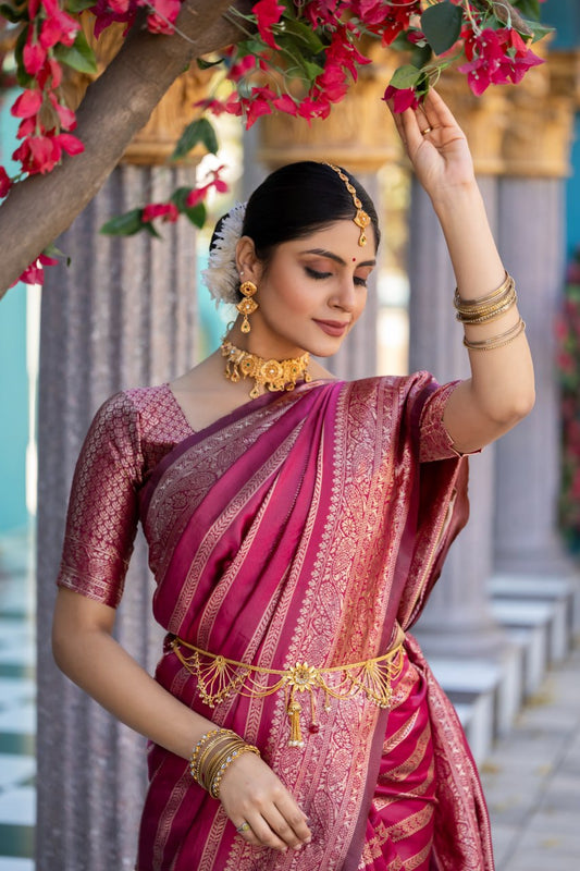 Magenta Banarasi Soft Silk Saree with Traditional Gold Zari Border