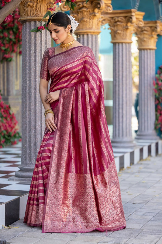 Magenta Banarasi Soft Silk Saree with Traditional Gold Zari Border