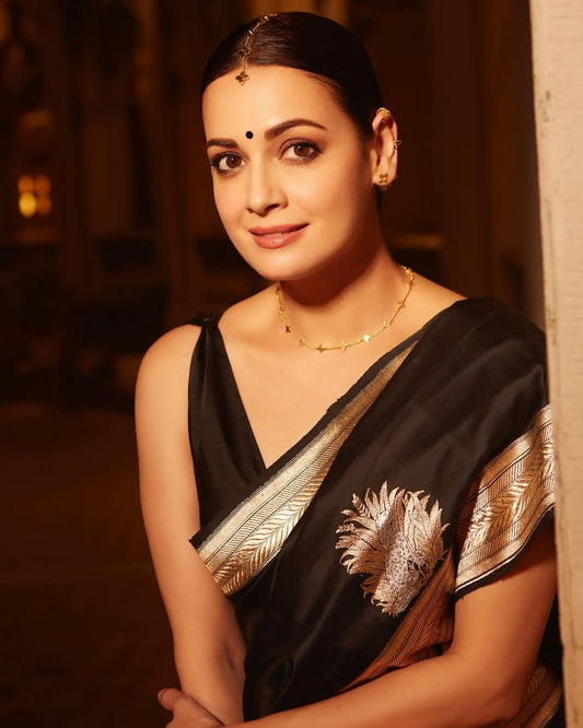 Black Handloom Silk Saree with Golden Zari Motifs