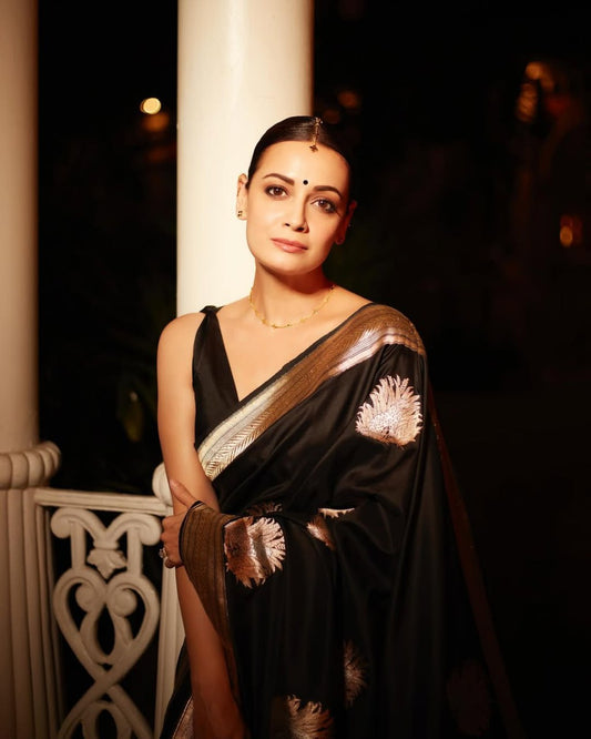 Black Handloom Silk Saree with Golden Zari Motifs