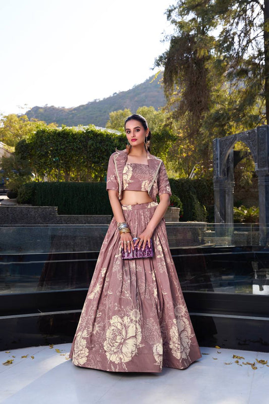Tussar Silk Floral Print Lehenga Choli Set with Stylish Koti