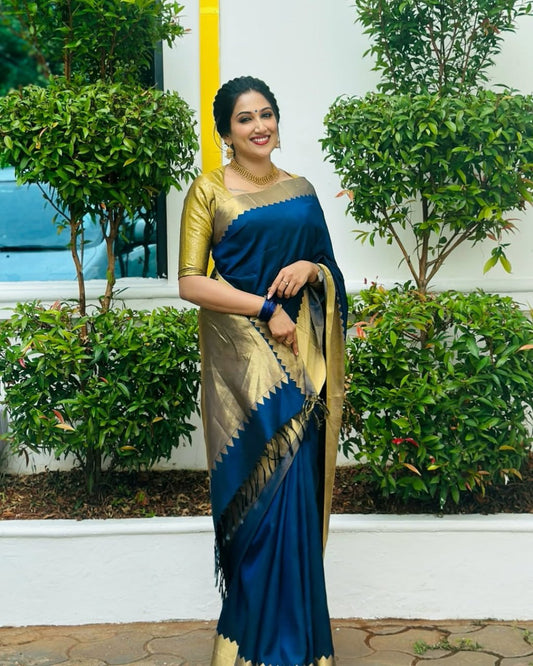 Midnight Blue Kanchipuram Silk Saree with Gold Zari Border
