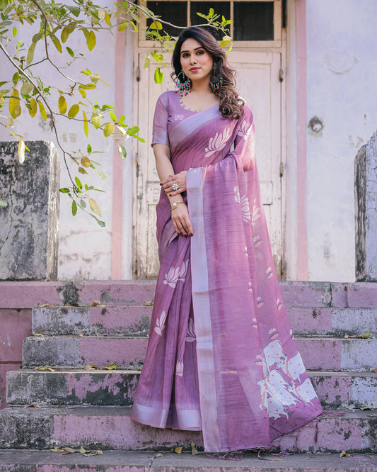 Elegant Linen Cotton Saree with Trendy Print Work