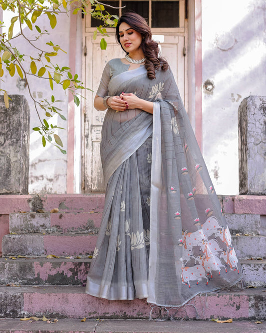 Elegant Linen Cotton Saree with Trendy Print Work