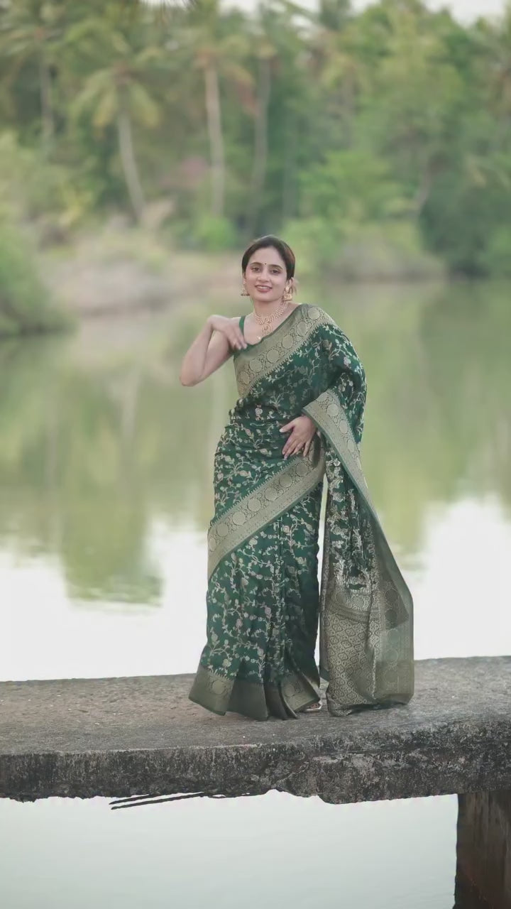 Rich Green Banarasi Soft Silk Saree with Gold Zari Weaving