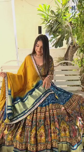 Designer Butter Silk Lehenga Choli Set Navy Multi | Digital Print, Real Mirror Work (Copy)