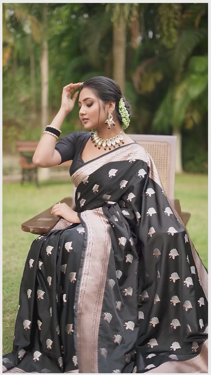 Elegant Black Banarasi Soft Silk Saree with Silver Zari Work