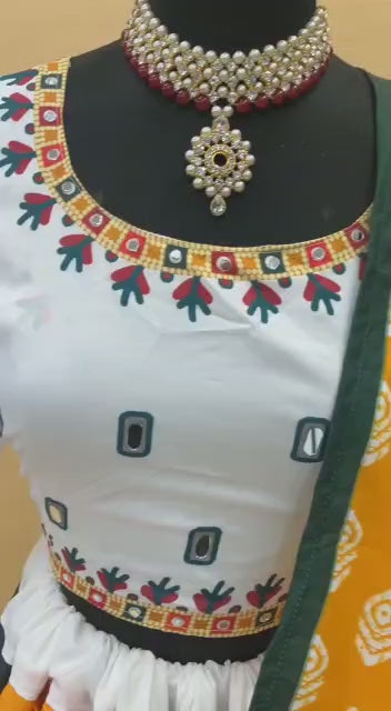 Designer Butter Silk Lehenga Choli Set Multicolor Patchwork | Digital Print, Real Mirror Work