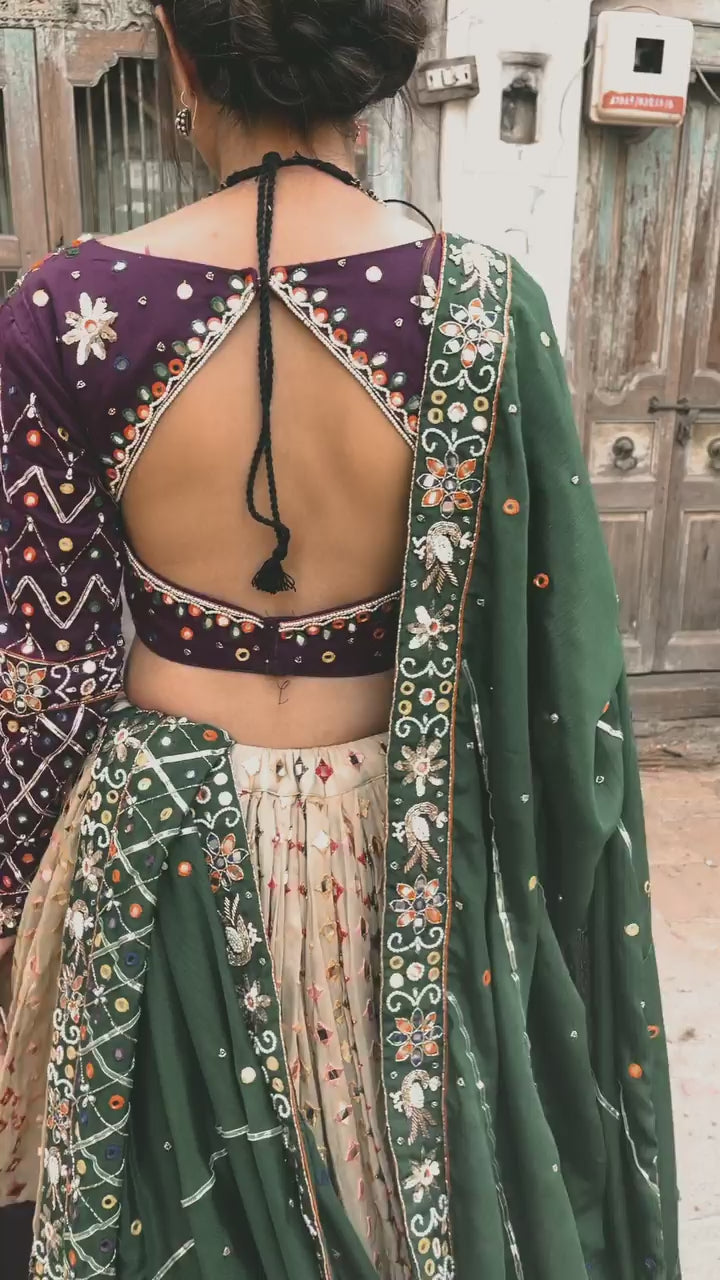 Designer Muslin Cotton Lehenga Choli Set Wine & Deep Green | Digital Print, Real Mirror Work
