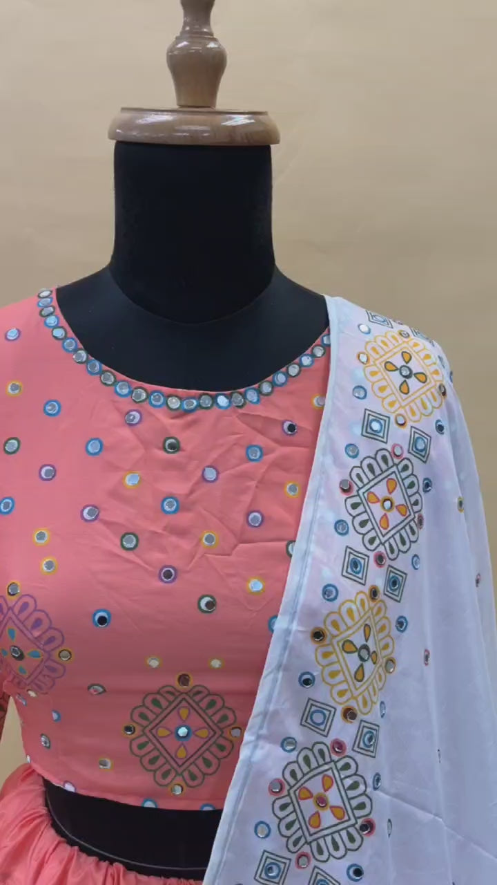 Designer Chinon Silk Lehenga Choli Set Peach & Yellow | Digital Print, Real Mirror Work