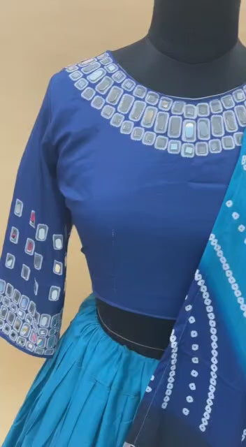 Designer Chinon Silk Lehenga Choli Set Navy & Teal | Digital Print, Real Mirror Work