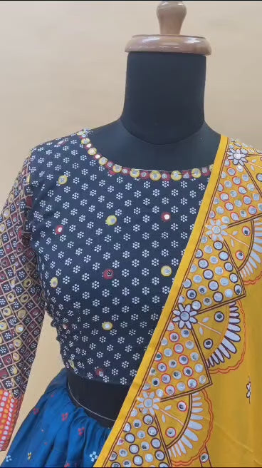 Designer Chinon Silk Lehenga Choli Set Black Multi | Digital Print, Real Mirror Work
