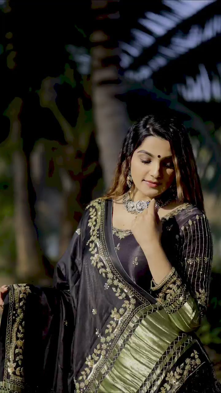 Designer Butter Silk Lehenga Choli Set Black Olive | Digital Print, Real Mirror Work