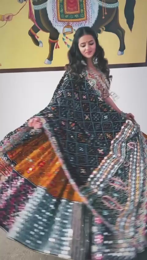 Designer Chinon Silk Lehenga Choli Set Black & Rust Multi | Digital Print, Real Mirror Work
