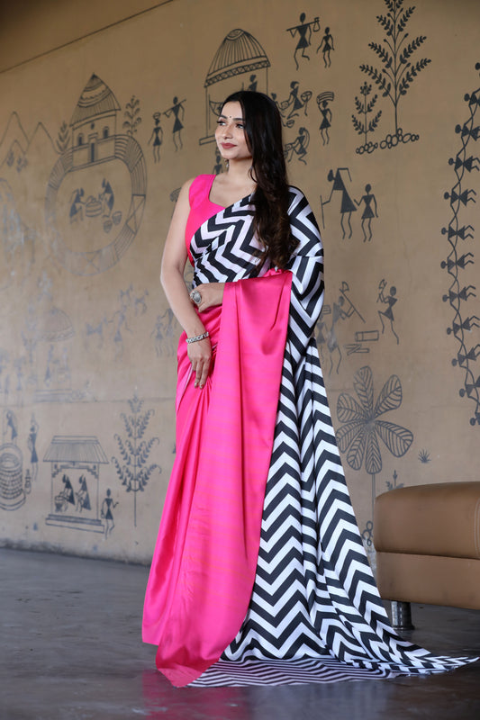 Vibrant Pink & Black Chevron Saree Japan Satin with Digital Print
