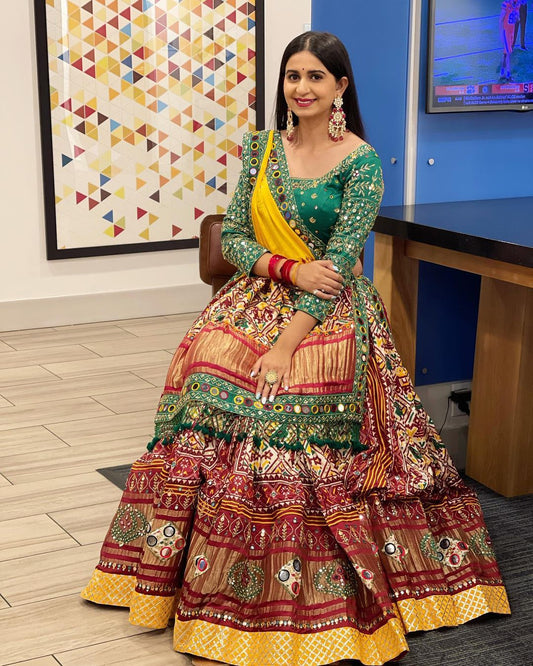 Designer Chinon Silk Lehenga Choli Set Green Multi | Digital Print, Real Mirror Work