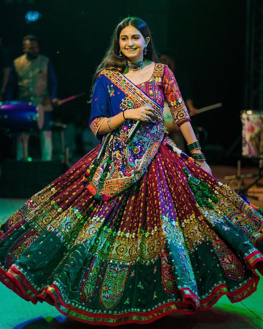 Designer Butter Silk Lehenga Choli Set Royal Blue Multi | Digital Print, Real Mirror Work