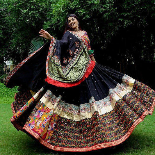 Designer Chinon Silk Lehenga Choli Set Black Multi | Digital Print, Real Mirror Work