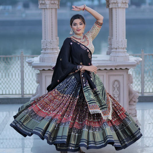 Designer Butter Silk Lehenga Choli Set Black Multi | Digital Print & Real Mirror Work | Dupatta 2.10 m .