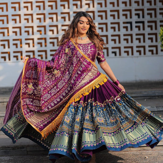 Designer Butter Silk Lehenga Choli Set Purple Multi | Digital Print, Real Mirror Work