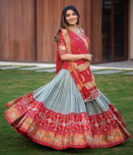 Designer Chinon Silk Lehenga Choli Set Coral Red & Sky Blue | Digital Print, Real Mirror Work