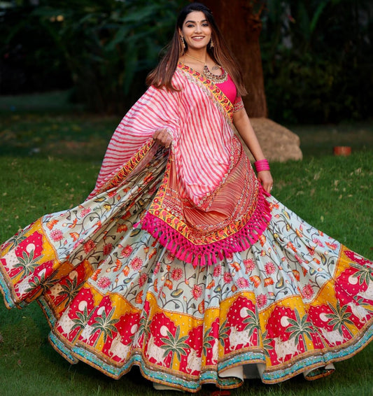 Designer Butter Silk Lehenga Choli Set Pink Multi | Digital Print, Real Mirror Work