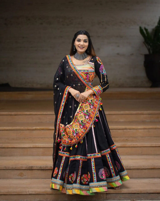 Designer Chinon Silk Lehenga Choli Set Black Multi | Digital Print, Real Mirror Work