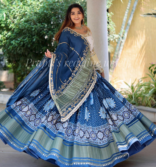 Designer Butter Silk Lehenga Choli Set Navy Multi | Digital Print, Real Mirror Work