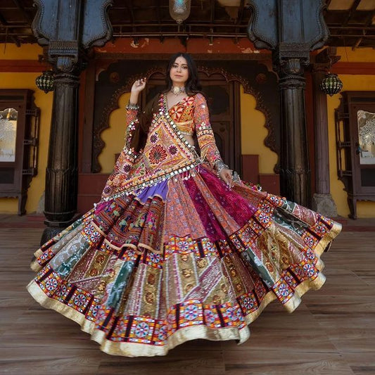 Designer Butter Silk Lehenga Choli Set Multicolor Patchwork | Digital Print, Real Mirror & Pearl Lace