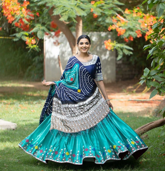 Designer Chinon Silk Lehenga Choli Set Navy & Teal | Digital Print, Real Mirror Work