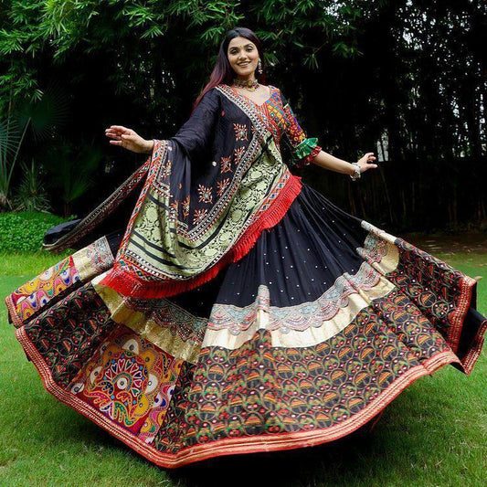 Designer Chinon Silk Lehenga Choli Set Black Multi | Digital Print, Real Mirror Work