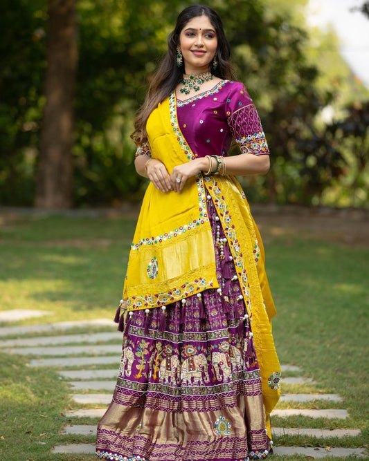 Designer Chinon Silk Lehenga Choli Set Navy & Teal | Digital Print, Real Mirror Work (Copy)Designer Chinon Silk Lehenga Choli Set Purple & Yellow | Digital Print, Real Mirror Work