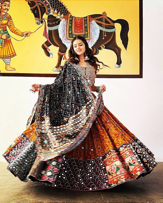 Designer Chinon Silk Lehenga Choli Set Black & Rust Multi | Digital Print, Real Mirror Work