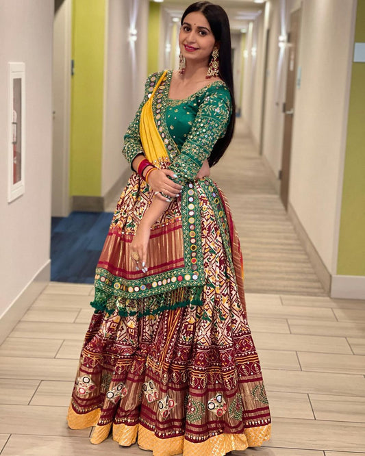 Designer Chinon Silk Lehenga Choli Set Green Multi | Digital Print, Real Mirror Work
