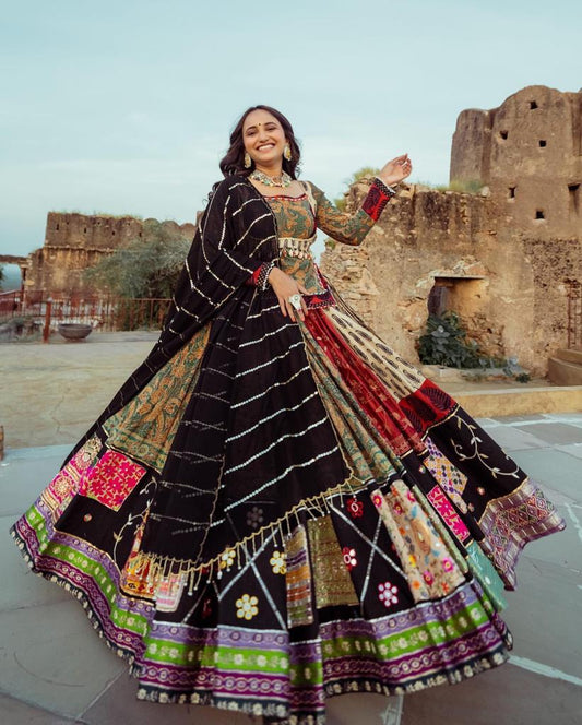 Designer Chinon Silk Lehenga Choli Set Black Multi | Digital Print, Real Mirror Work