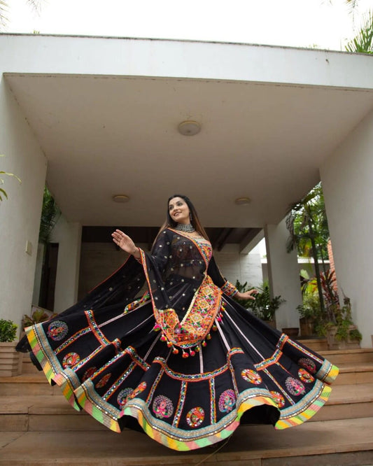 Designer Chinon Silk Lehenga Choli Set Black Multi | Digital Print, Real Mirror Work