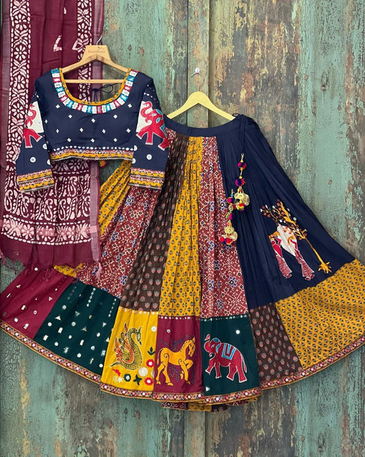 Designer Butter Silk Lehenga Choli Set Patchwork Multi | Digital Print, Real Mirror Work