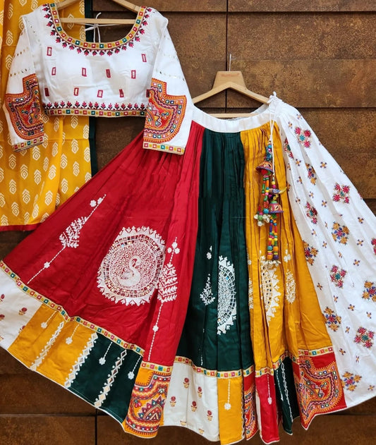 Designer Butter Silk Lehenga Choli Set Multicolor Patchwork | Digital Print, Real Mirror Work
