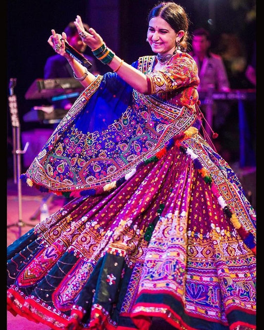 Designer Butter Silk Lehenga Choli Set Royal Blue Multi | Digital Print, Real Mirror Work