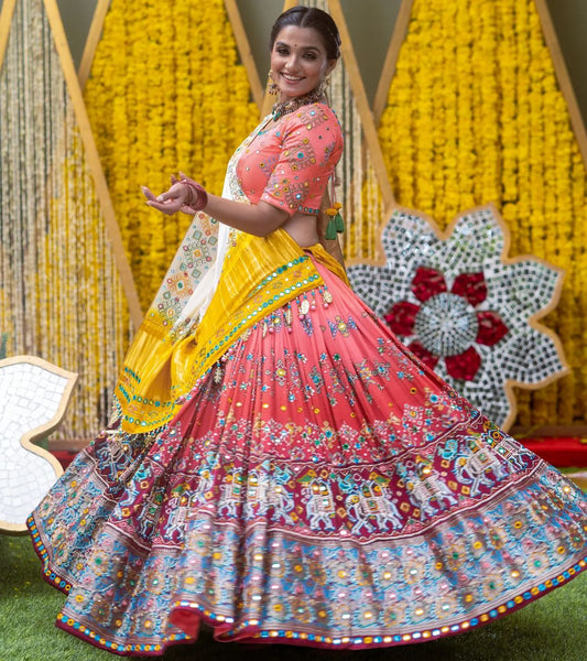 Designer Chinon Silk Lehenga Choli Set Peach & Yellow | Digital Print, Real Mirror Work