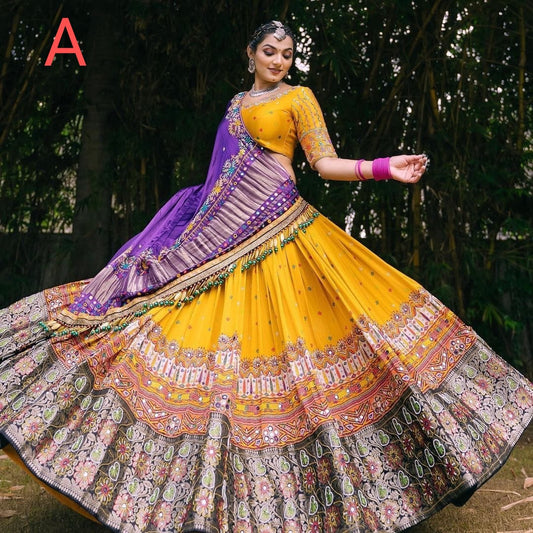 Designer Chinon Silk Lehenga Choli Set Yellow & Purple | Digital Print, Real Mirror Work