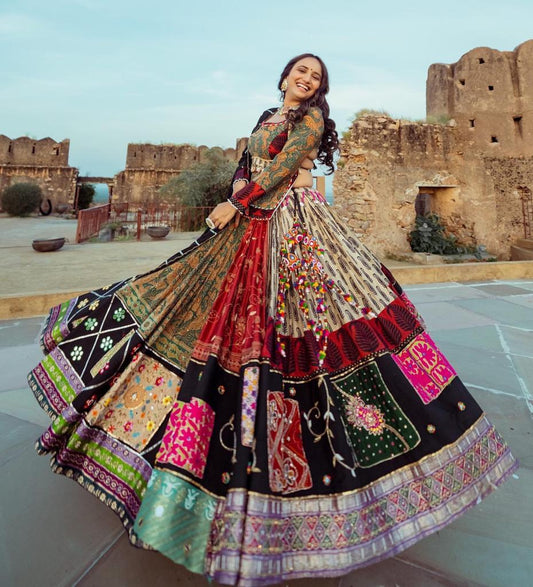 Designer Chinon Silk Lehenga Choli Set Black Multi | Digital Print, Real Mirror Work