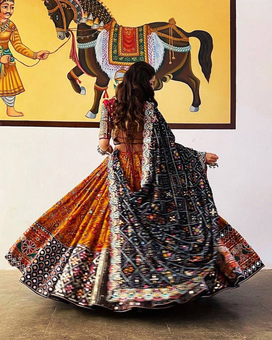 Designer Chinon Silk Lehenga Choli Set Black & Rust Multi | Digital Print, Real Mirror Work