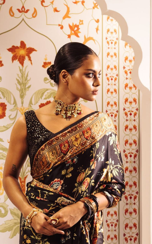 Noir Blossom Satin Saree