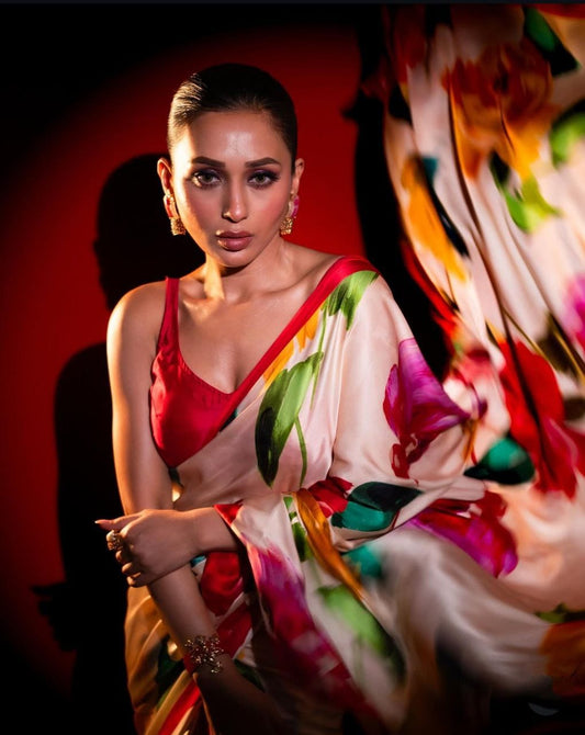 Original Japan Satin Off White Saree with Artistic Floral Digital Print