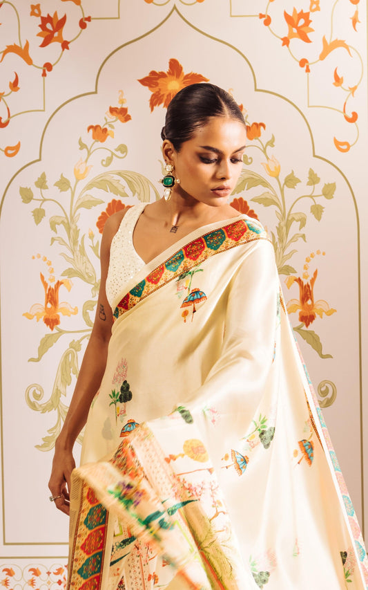 Royal Printed Satin Saree with Heritage Motifs