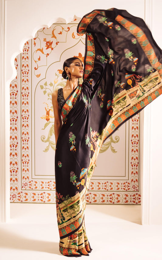 Royal Printed Satin Saree with Heritage Motifs